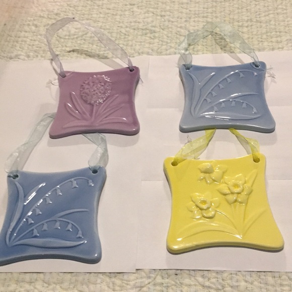 Flower tiles Hanging Decor 4 tiles Purple Blue & yellow Ceramic 5 x 5” Beauties - Picture 2 of 16